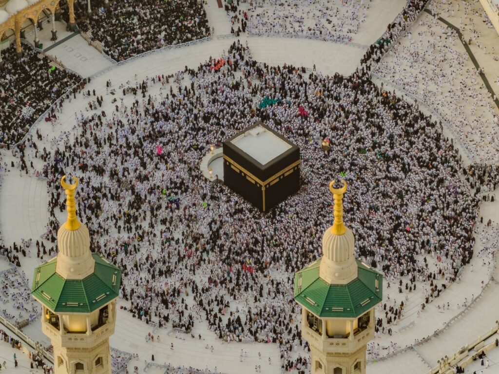 Thousands of pilgrims gather around the Kaaba in Mecca during Hajj.